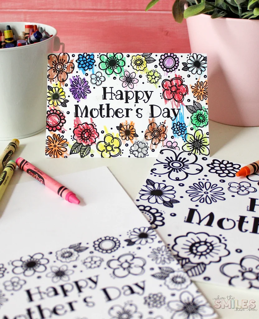 printable Happy Mother's Day coloring card with flowers