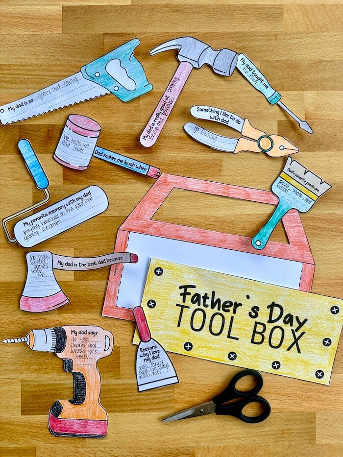 Father's day toolbox craft with tools that say things about Dad