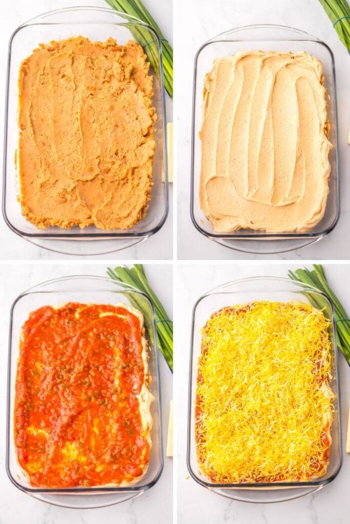 collage showing steps to make taco dip in a casserole dish