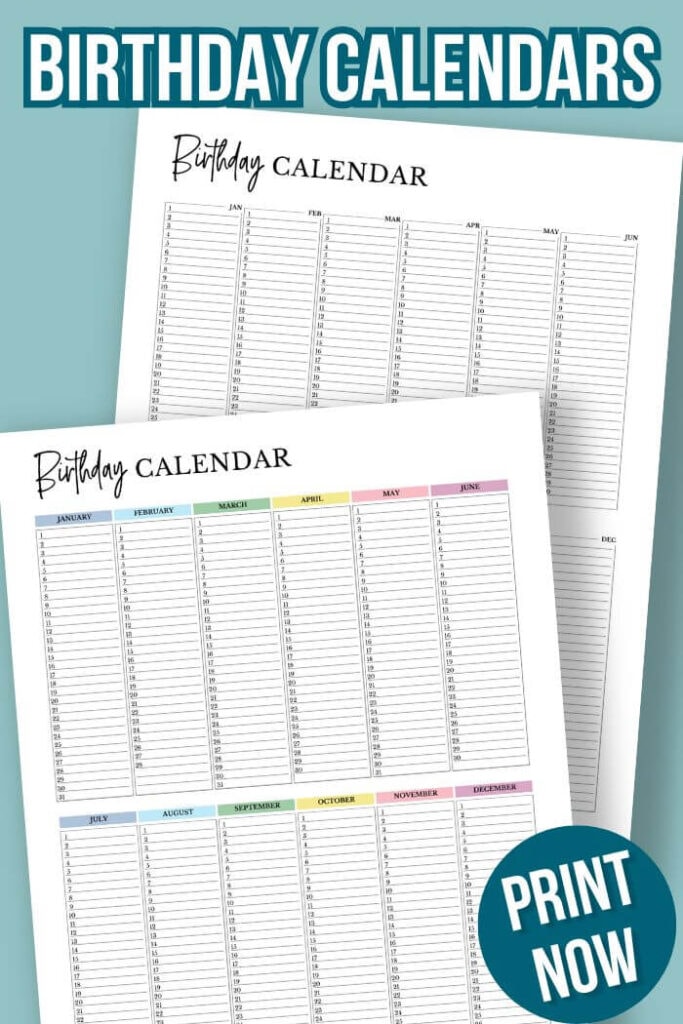 free printable one page perpetual birthday calendars