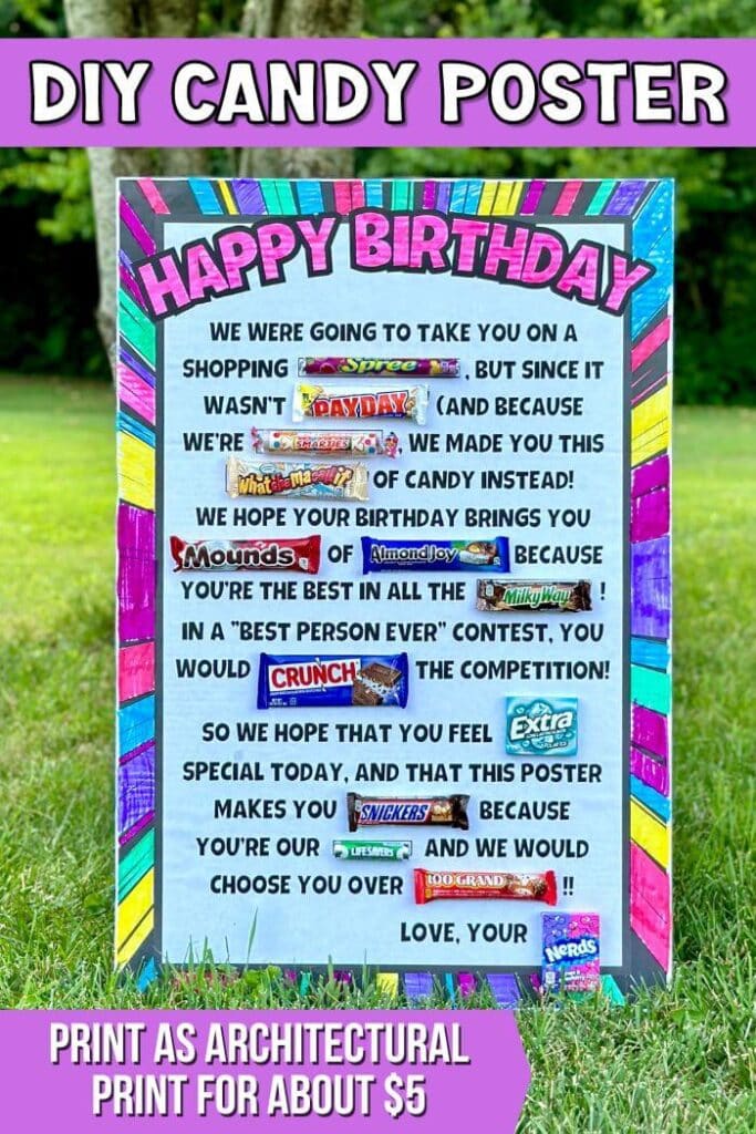 birthday candy bar poster with different candy glued on