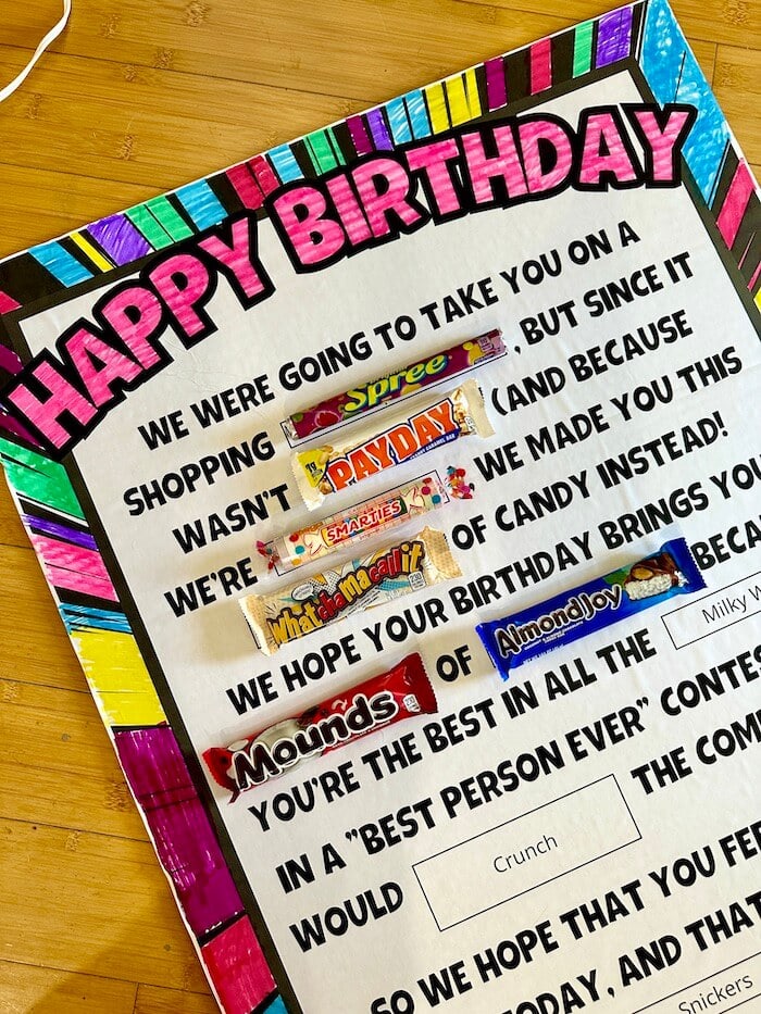 making a candy bar poster that says happy birthday