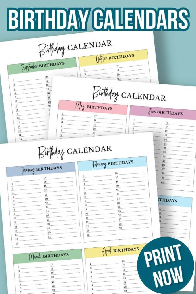 birthday calendar template with 4 months per page