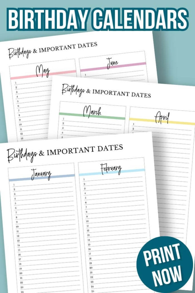 birthday calendars with 2 months per page