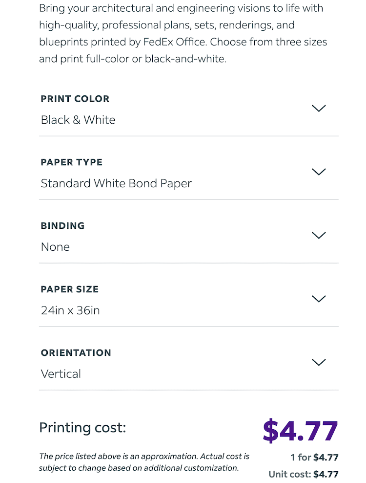 screenshot of settings for ordering a 24" x 36" print from Kinko's