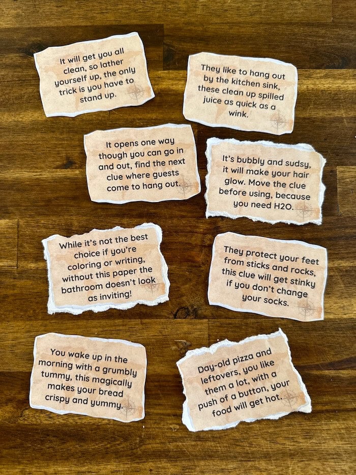 rhyming scavenger hunt clues for kids that are printed on card stock