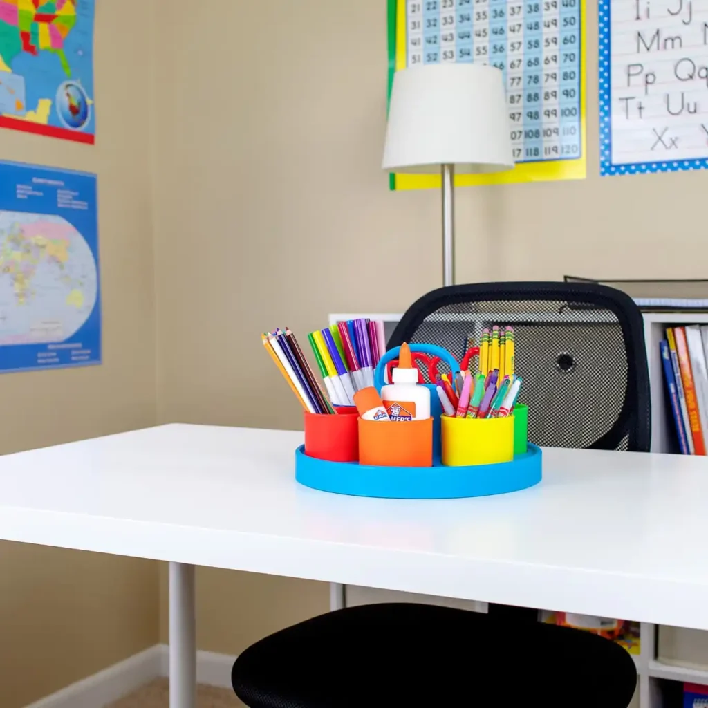 a homework station with school supplies set up on a desk