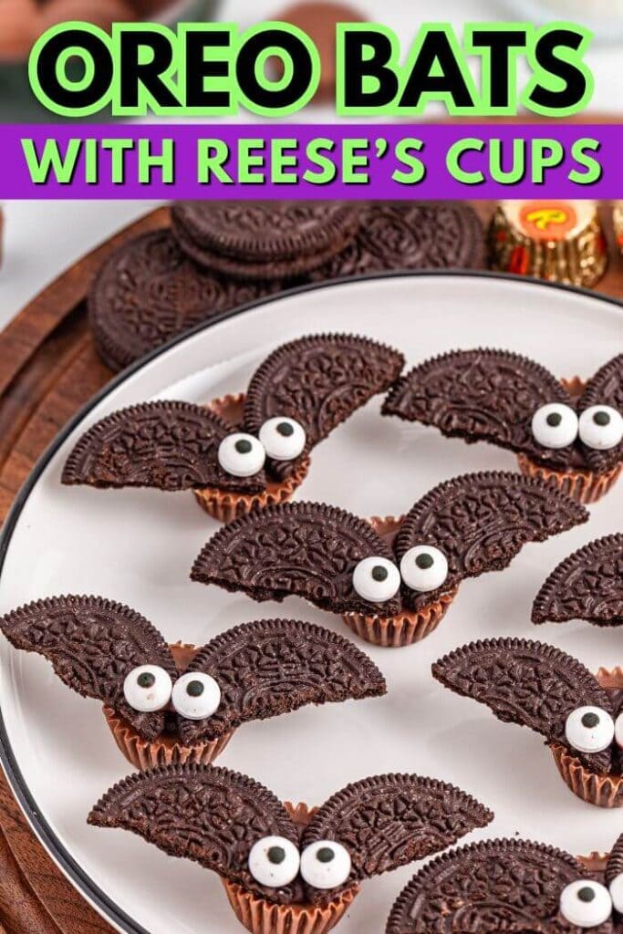 Halloween Oreo bats made with Reese's cups and Oreo cookies