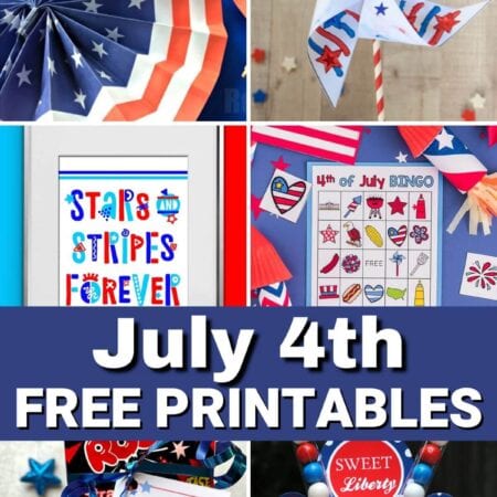 collage of free July 4th printables for parties