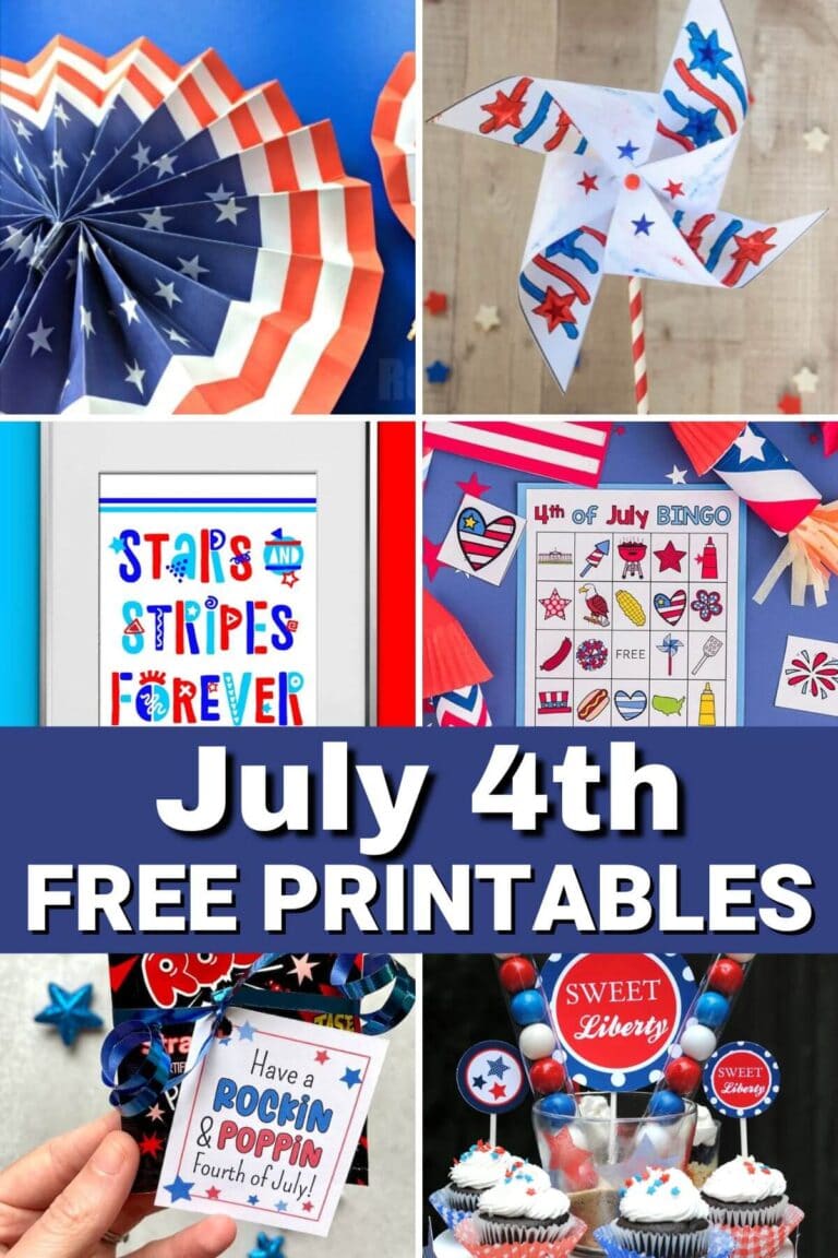 collage of free July 4th printables for parties