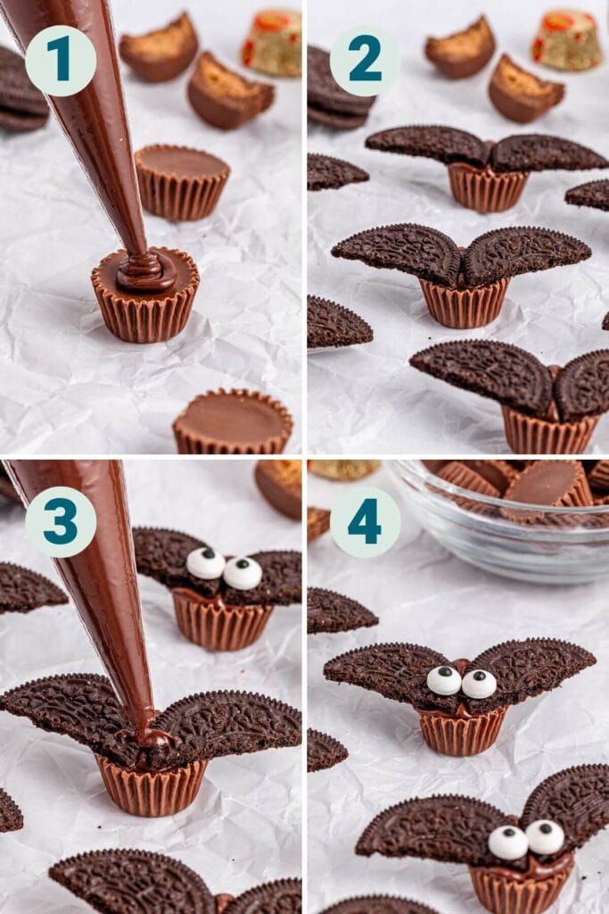 collage showing steps to make Oreo bats with melted chocolate and peanut butter cups