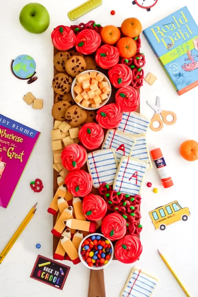 snack board with school themed treats and snacks