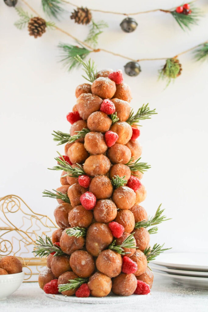 Christmas tree made out of donut holes stacked up