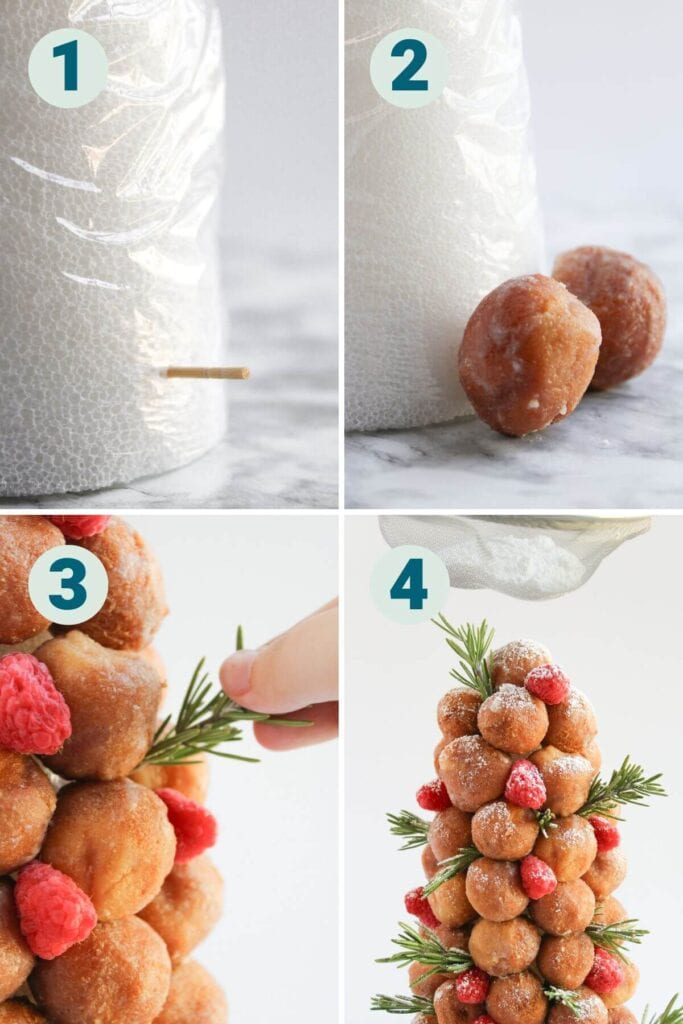 collage with steps showing how to make a donut hole Christmas tree with a foam cone