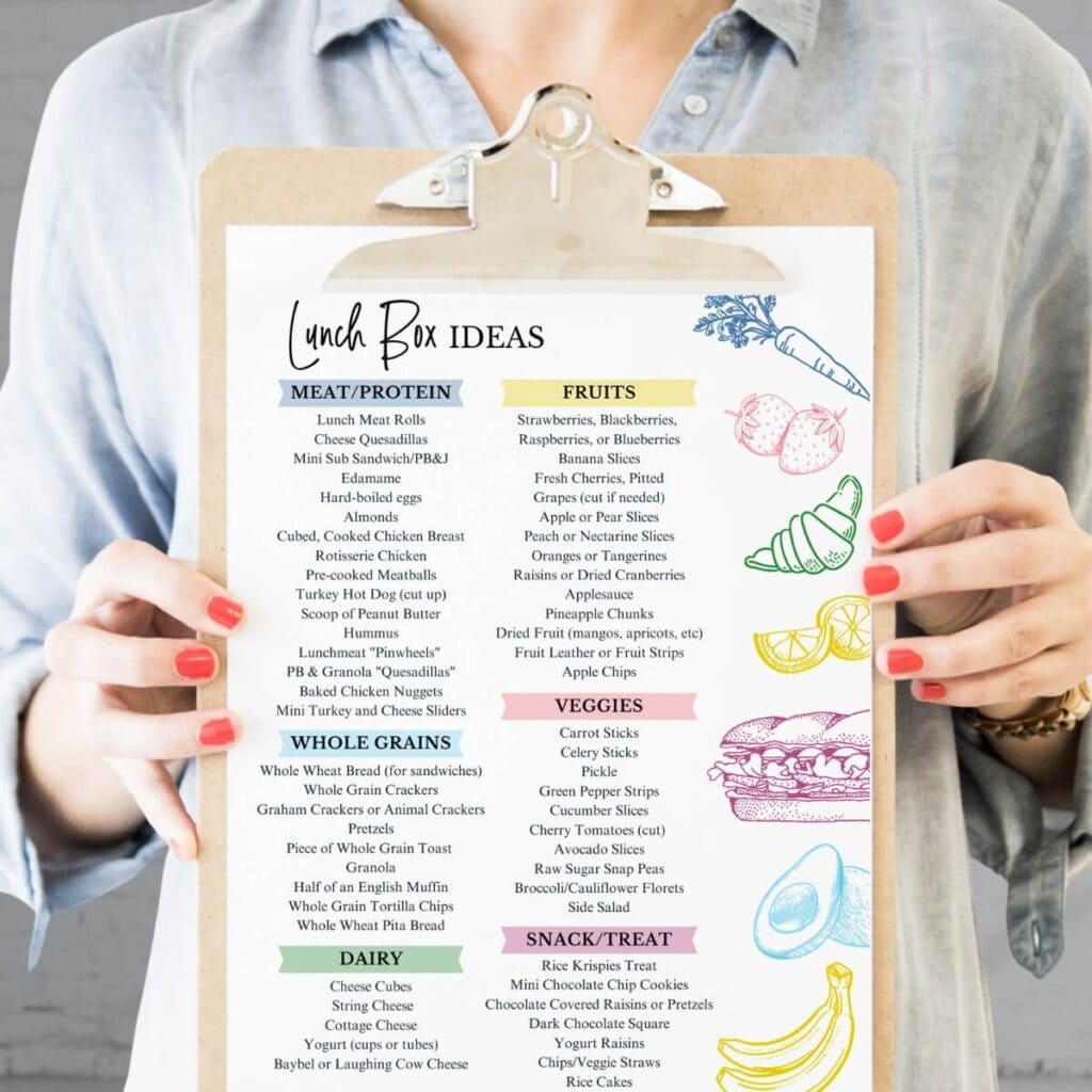 woman holding a printable list of lunch box foods