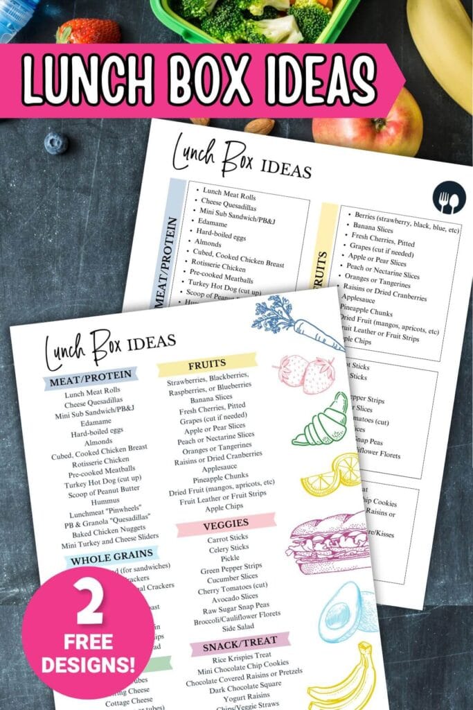 free printable list of lunch box ideas