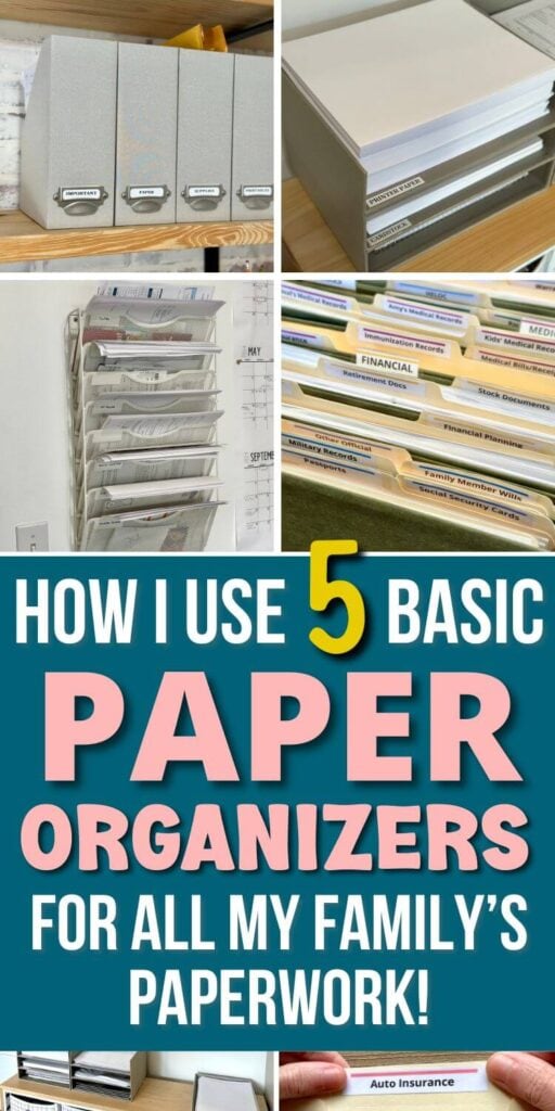 collage with paper organizers for home office paperwork