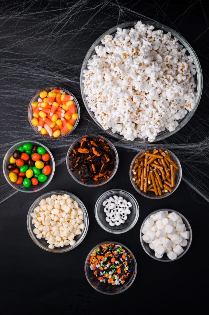 ingredients for Halloween popcorn mix