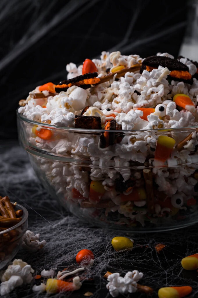 Halloween popcorn snack mix in a bowl