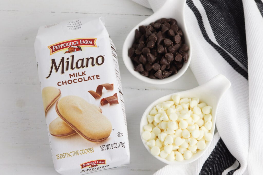 Pepperidge Farm milano cookies, white chocolate chips, and regular chocolate chips