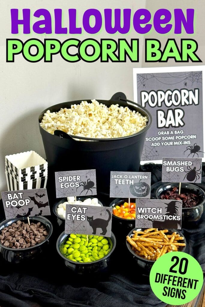 Halloween popcorn bar with printable signs