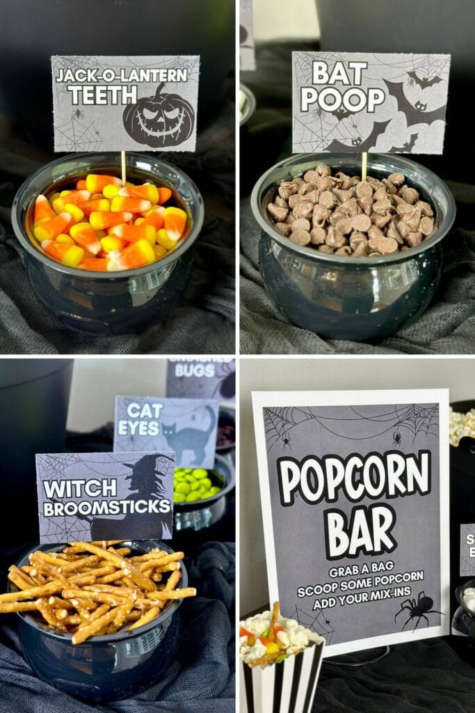 collage with Halloween popcorn bar printables