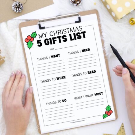5 gifts rule Christmas wish list on a clipboard
