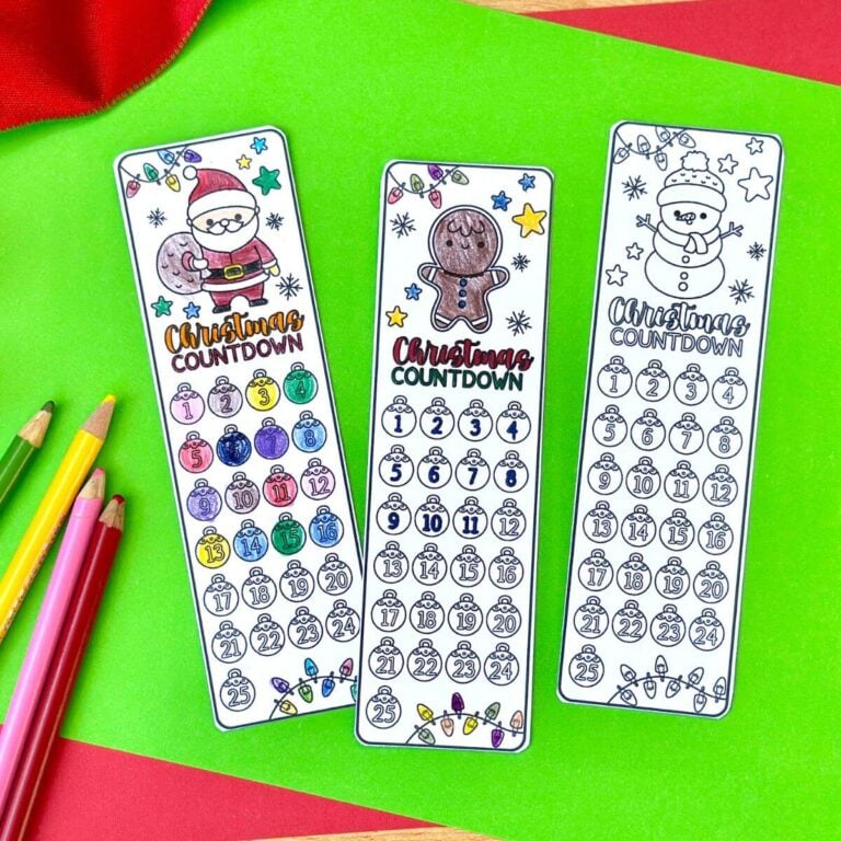free printable Christmas coloring bookmarks with Christmas countdown