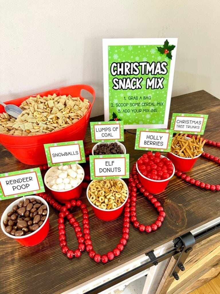 christmas popcorn bar with mix ins and printable signs