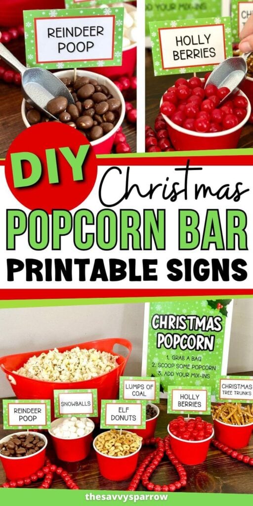 Christmas popcorn bar ideas with printable signs and different mix ins