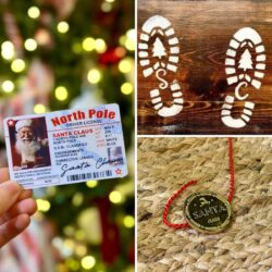 collage of Santa evidence ideas including santa's drivers license, santa's lost button, and snowy footprints