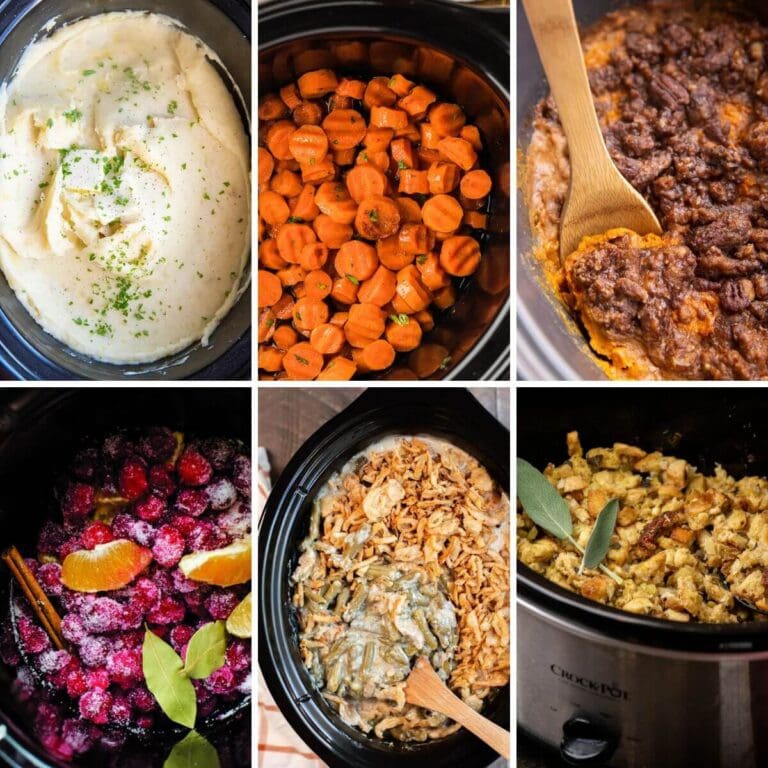 collage of slow cooker side dishes for Thanksgiving
