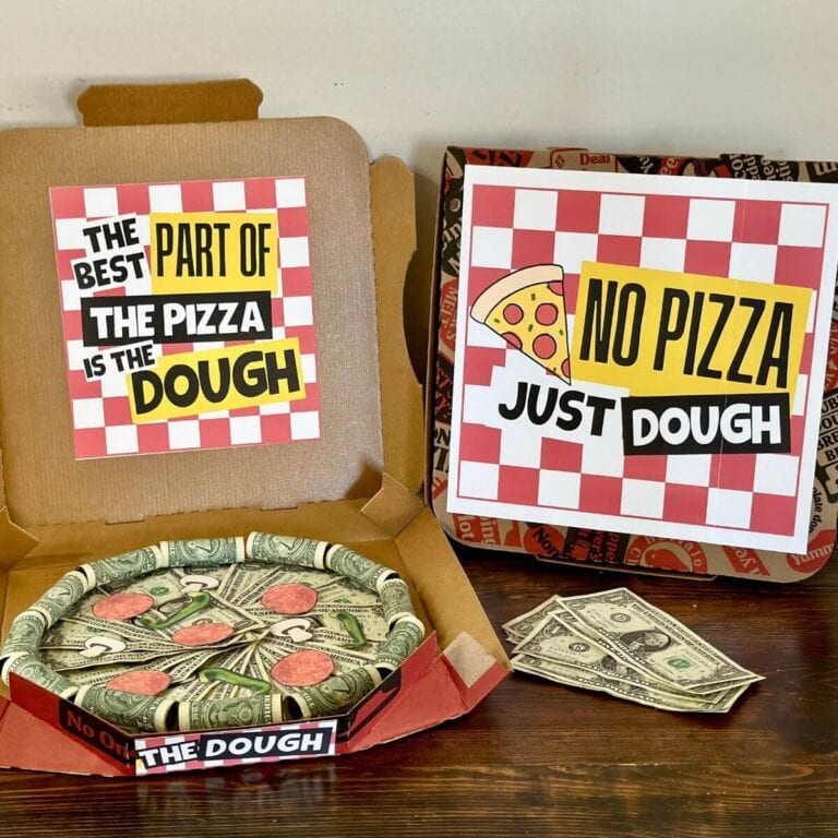 DIY pizza box money gift with dollar bills inside a pizza box