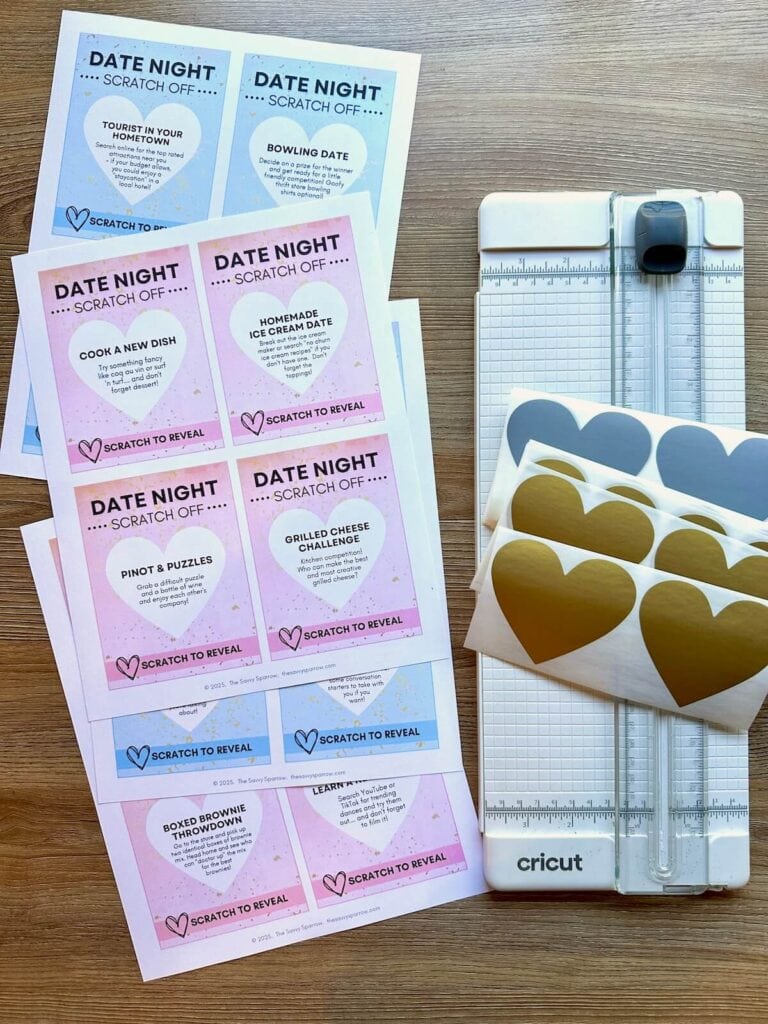 printable date night cards, heart shaped scratch off stickers, and a paper trimmer