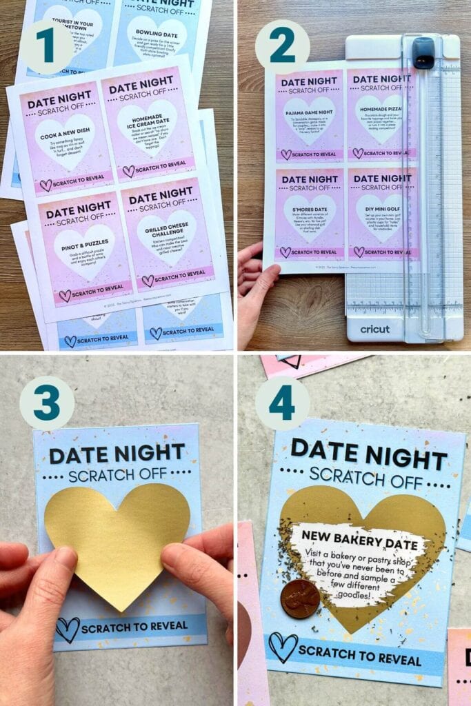 collage with steps showing how to make your own date scratch off cards
