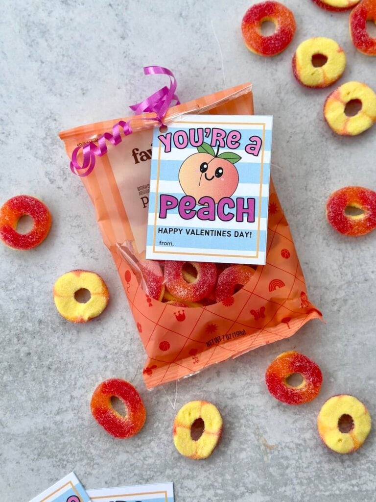 You're a peach Valentine card attached to a bag of peach gummy rings