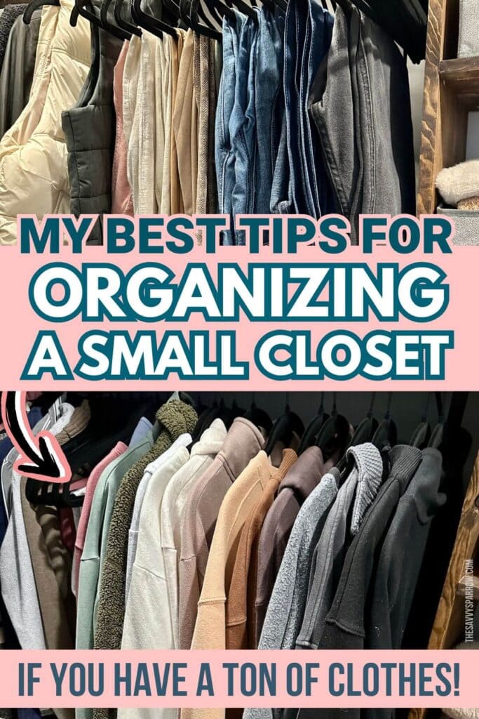 organized clothes hanging in a small closet