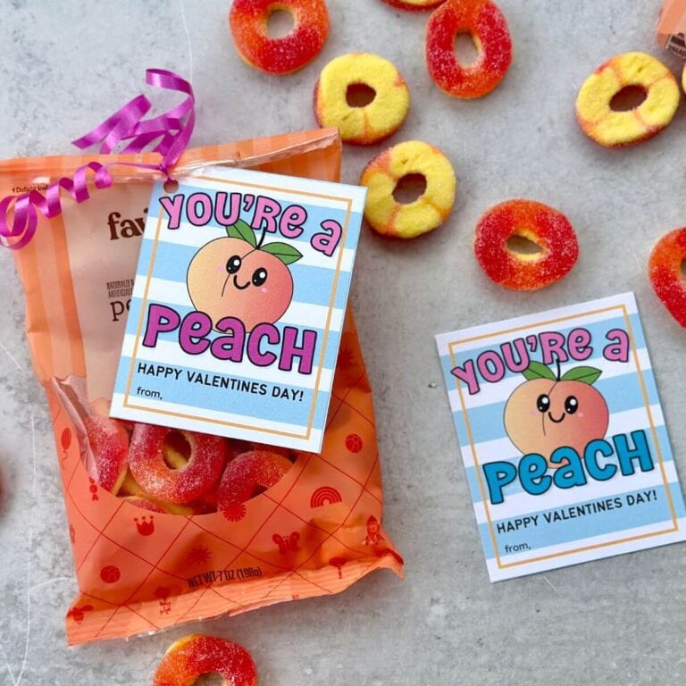 printable Valentines that say "You're a peach" attached to peach gummy rings