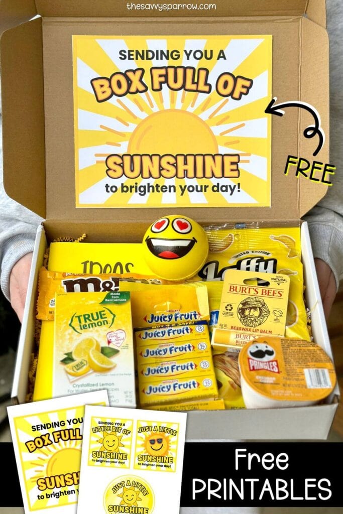 DIY sunshine box gift with free printable gift tags