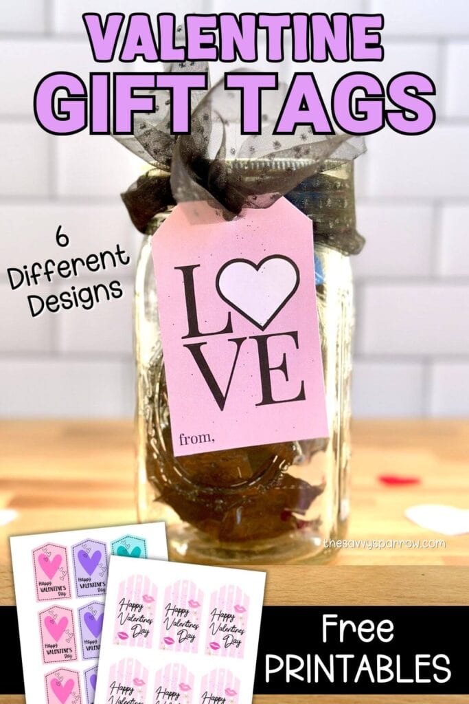 free printable Valentine's Day gift tag tied to a jar of chocolates