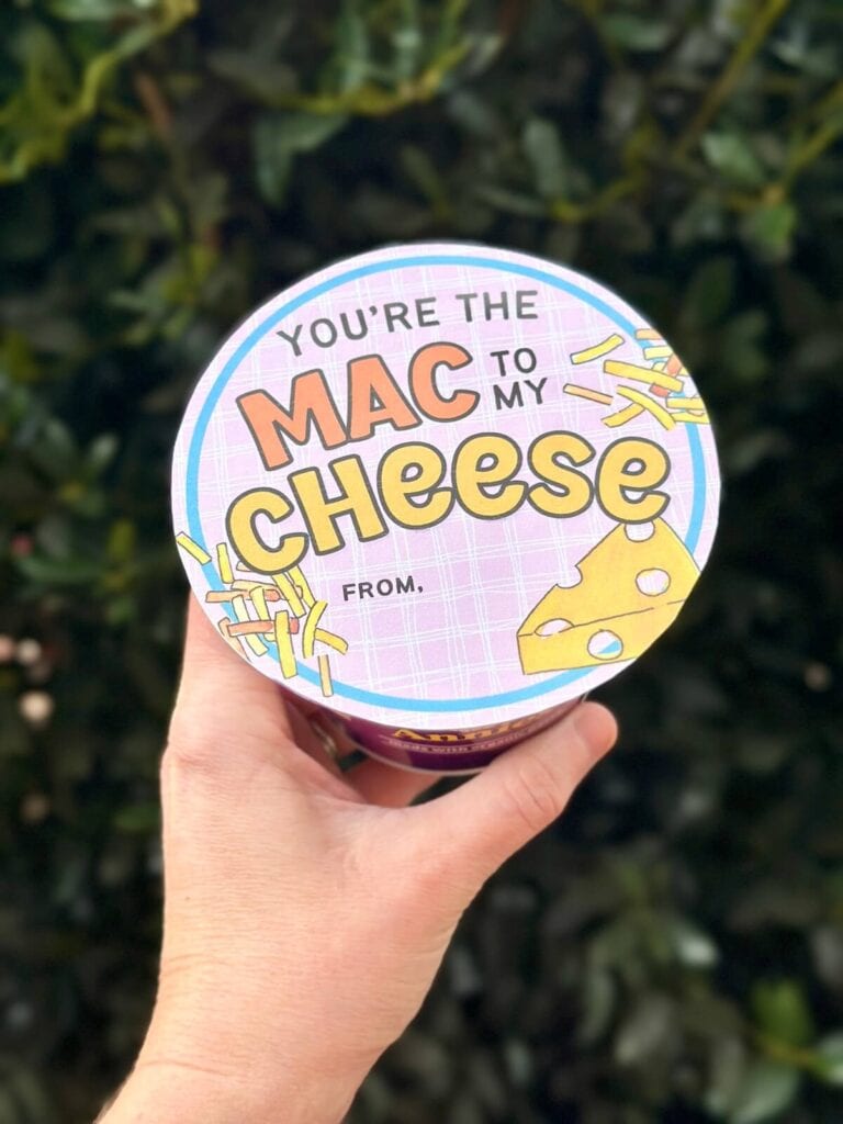 a single serve macaroni and cheese cup with a tag that says "you're the mac to my cheese"