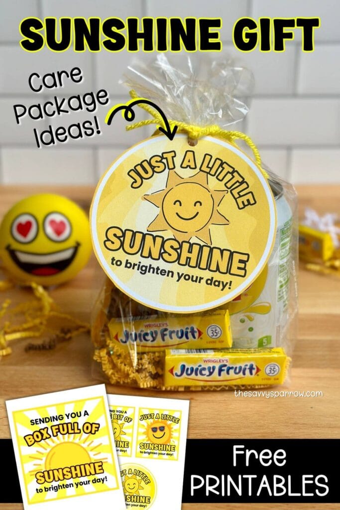 yellow sunshine gift with free printable gift tag and yellow items
