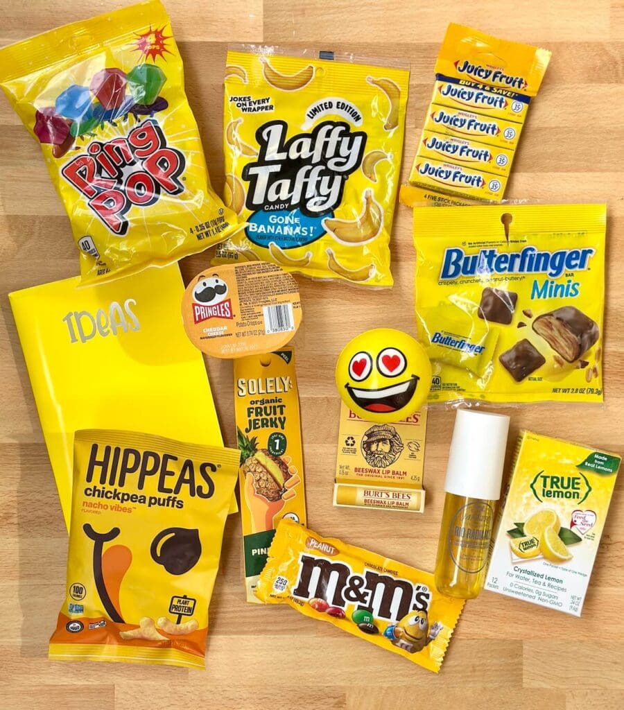 yellow items for a sunshine box like yellow M&M's, yellow packaged candy, chips, etc