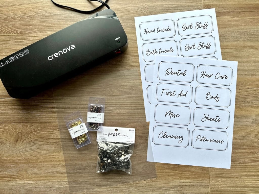 printable storage basket labels, fasteners, and a laminator
