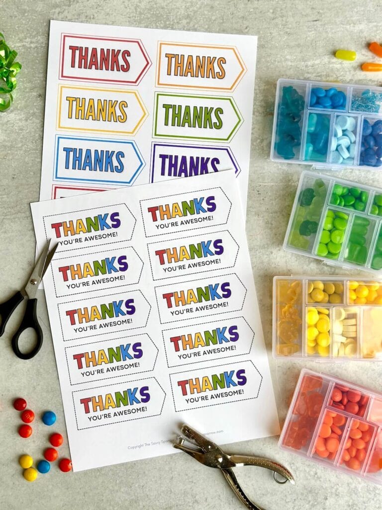 free printable gift tags that say thanks and mini plastic candy boxes