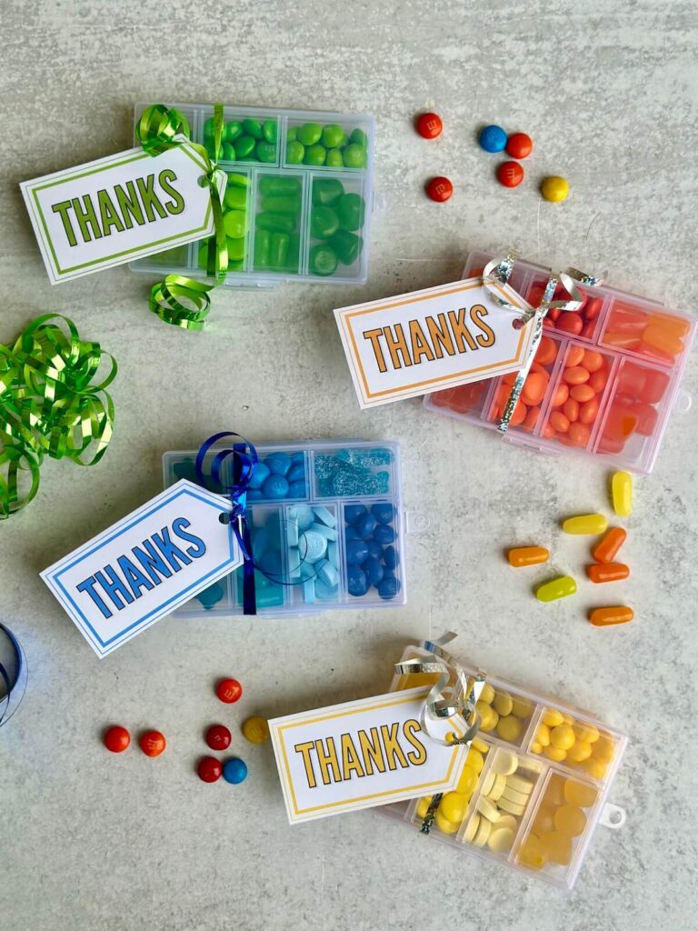 mini candy tackle box gifts with colored gift tags