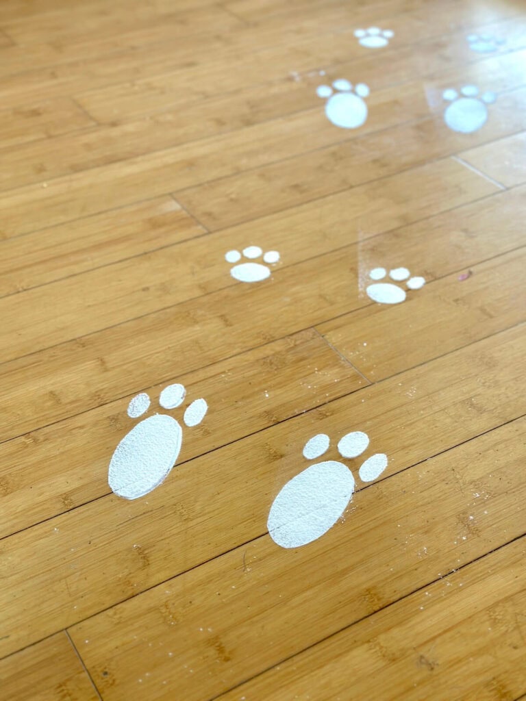 Easter bunny footprints on the floor made from flour