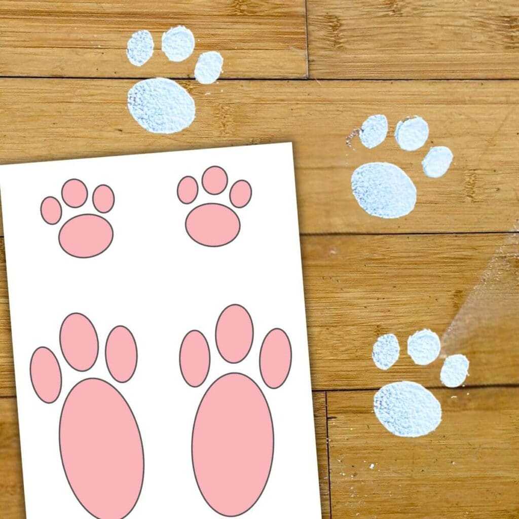 Easter bunny footprints on the floor in flour with a free printable stencil