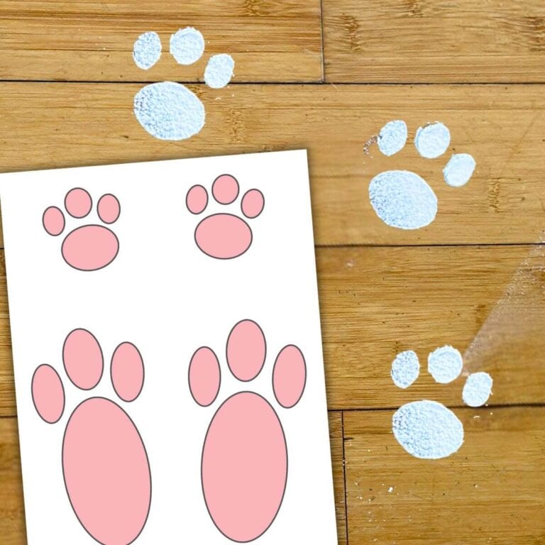 Easter bunny footprints on the floor in flour with a free printable stencil