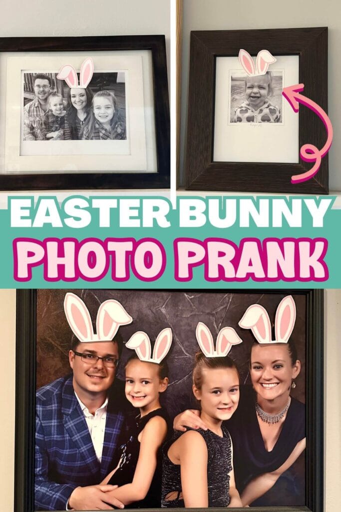 Easter bunny prank with bunny ears stickers on family photos